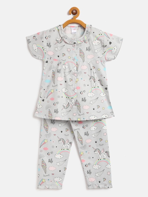 

NAUTI KIDZ Girls Grey Melange & White Unicorn & Ice Cream Print Pure Cotton Pyjamas Set