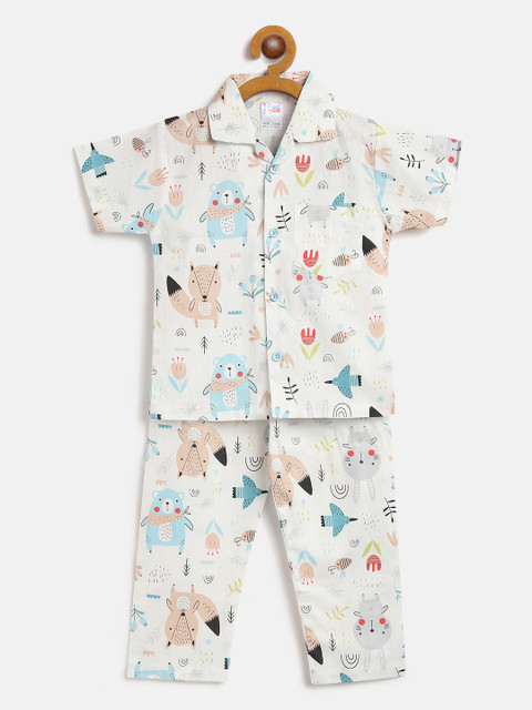 

NAUTI KIDZ Boys Off White & Blue Printed Night suit