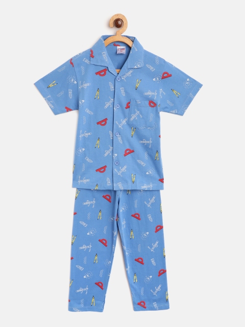 

NAUTI KIDZ Boys Blue & White Printed Night suit