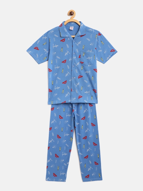 

NAUTI KIDZ Boys Blue & White Printed Pure Cotton Pyjamas Set