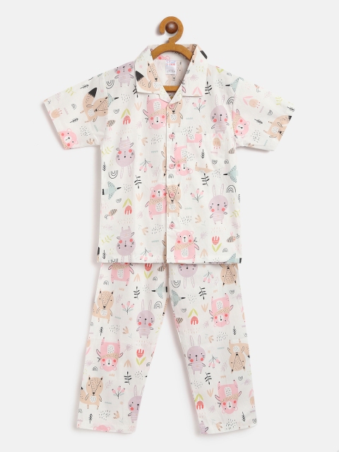 

NAUTI KIDZ Boys Off-White & Pink Pure Cotton Printed Pyjamas Set