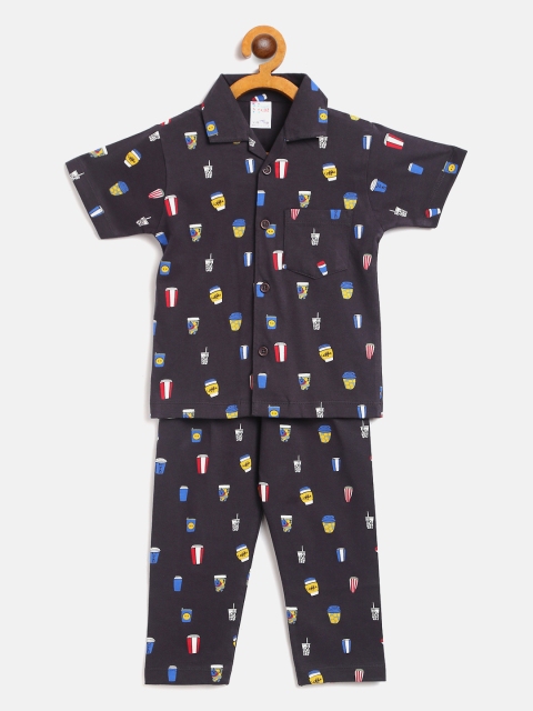 

NAUTI KIDZ Boys Charcoal & Blue Printed Night suit