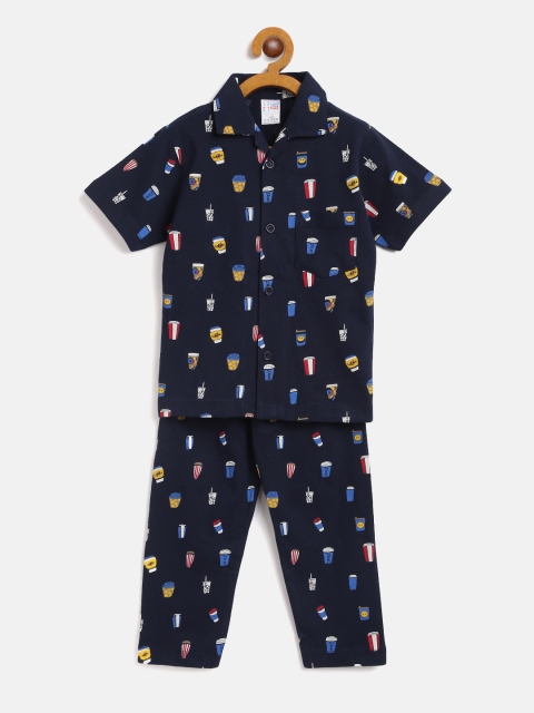 

NAUTI KIDZ Boys Navy Blue & Yellow Pure Cotton Conversational Print Pyjamas Set