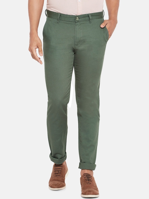 

BYFORD by Pantaloons Men Olive Green Slim Fit Low-Rise Pure Cotton Trousers