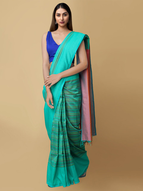 

Unnati Silks Green & Pink Striped Handloom Sustainable Silk Cotton Kanjeevaram Saree