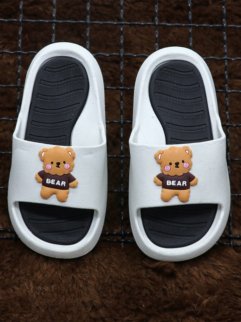 

FEETWELL SHOES Kids White & Brown Teddy Bear Applique Sliders