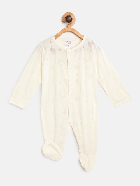

NAUTI KIDZ Infant Kids Cream-Coloured Cotton Fish Burnout Effect Sleepsuit
