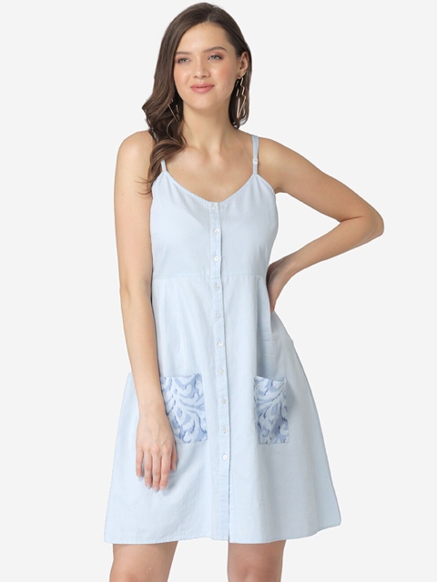 

Modriba Blue Solid A-Line Mini Dress with Patch Pockets