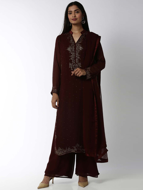 

Soch Women Maroon Embellished Yoke Design Kurta With Palazzos & Dupatta