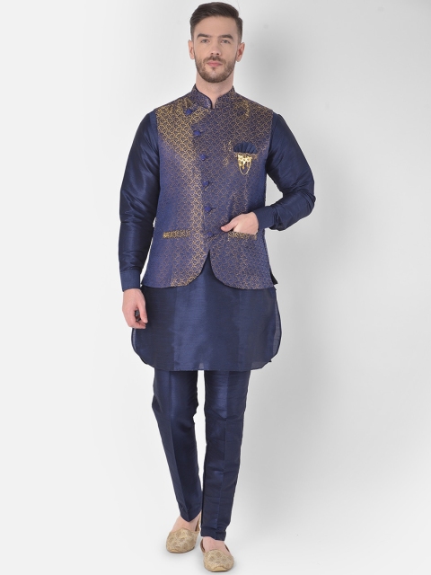 

SG LEMAN Men Navy Blue & Gold-Toned Embellished Kurta with Trousers & Nehru jacket