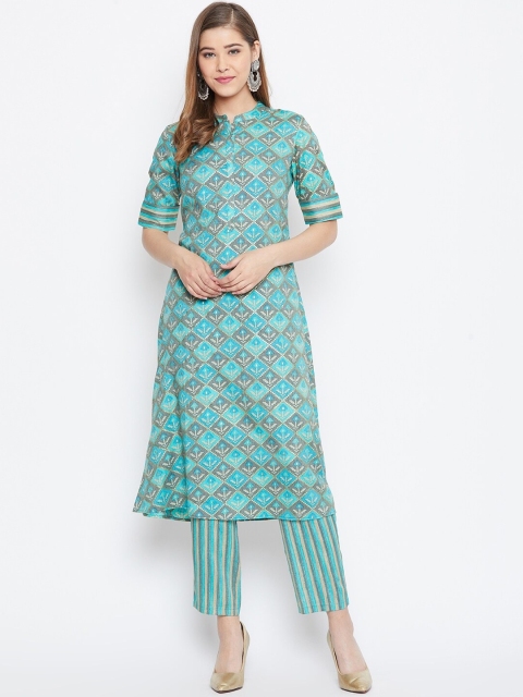 

Be Indi Women Turquoise Blue Ethnic Motifs Printed Pure Cotton Kurta with Trousers