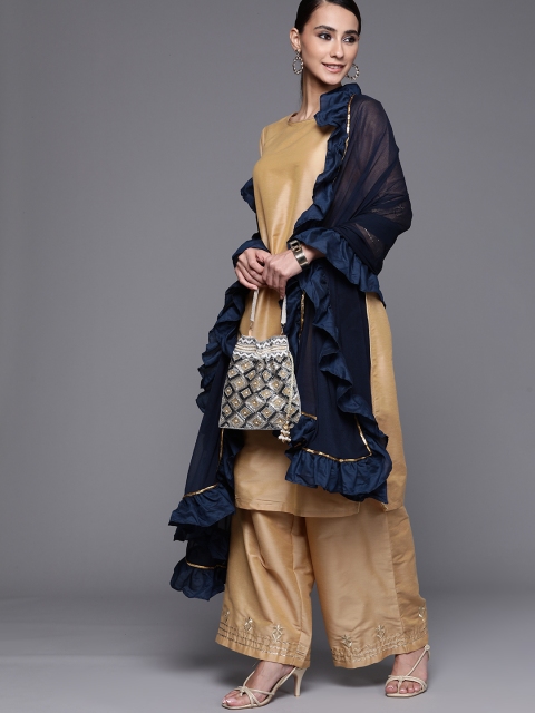 

Inddus Navy Blue Solid Ruffled Dupatta with Gotta Patti