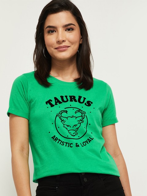 

max Women Green & Black Typography Printed T-shirt