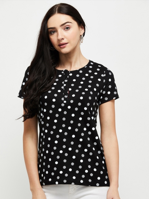 

max Women Black Polka Dots Printed Henley Neck T-shirt