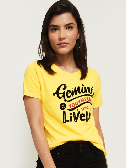 max Women Yellow Black Typography Printed Pure Cotton T-shirt