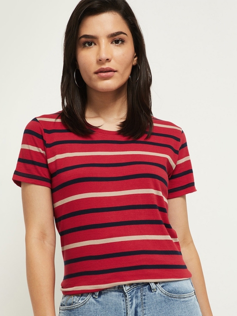 

max Women Red & Black Striped Round Neck T-shirt