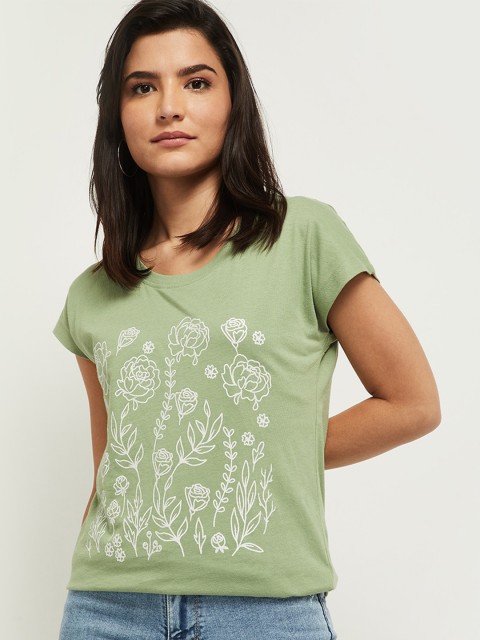 

max Women Green & White Floral Printed Extended Sleeves T-shirt