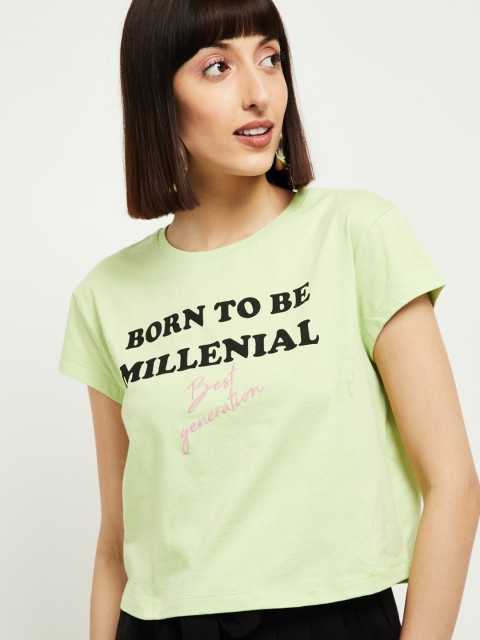 

max Women Green Typography Printed Loose T-shirt
