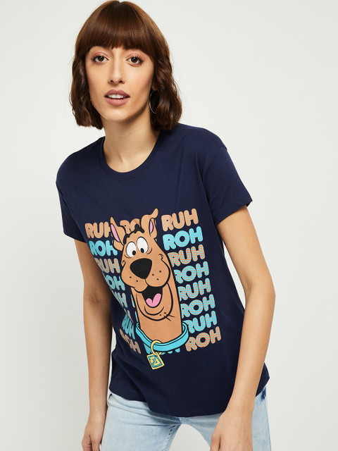

max Women Navy Blue Graphic Printed Round Neck T-shirt
