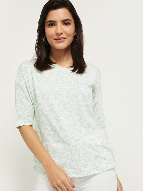 

max Green & Off White Floral Cotton Regular Top