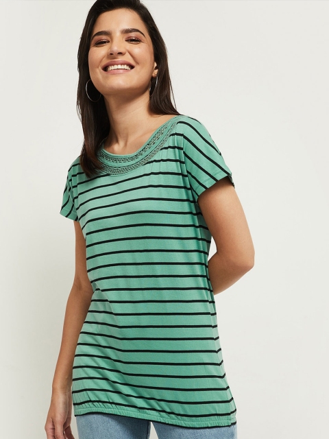 

max Women Green Striped Extended Sleeves Slim Fit T-shirt
