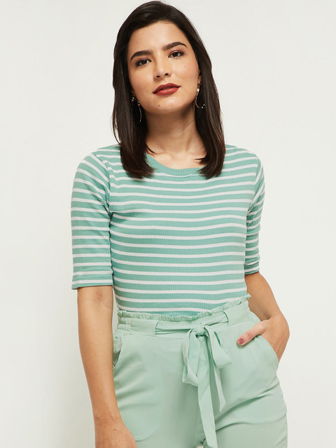 

max Women Green Striped T-shirt