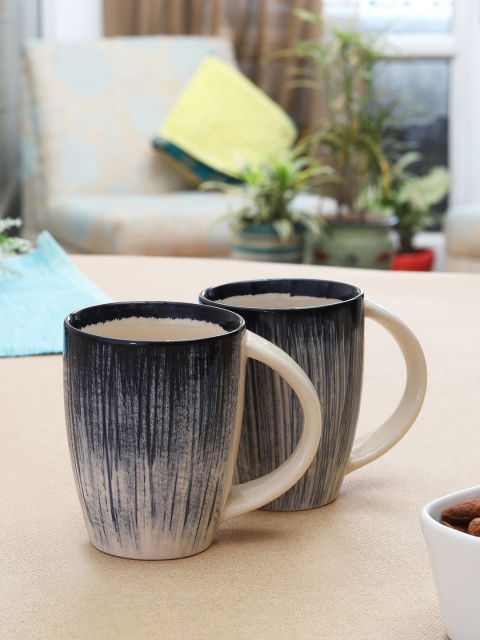 

MIAH Decor 2 Black & Cream-Coloured Handcrafted & Hand Painted Printed Ceramic Mugs