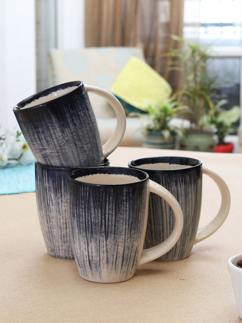 

MIAH Decor Set Of 4 Black & Cream-Coloured Handcrafted & Hand Painted Ceramic Glossy Mugs