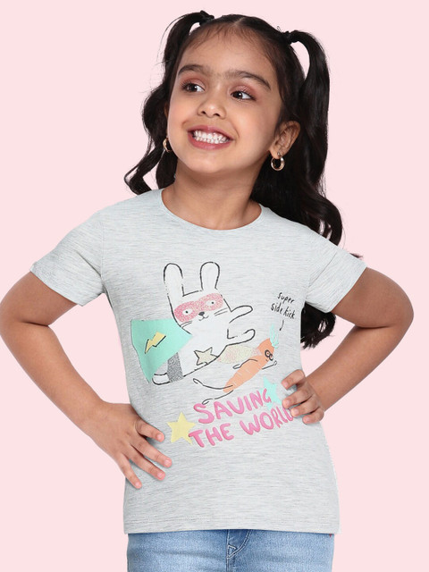 

Marks Spencer Girls Grey Melange Pink Cotton Typography Print Pure Cotton T-shirt