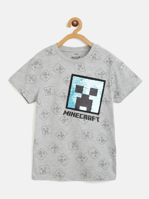 

Marks & Spencer Boys Grey Melange & Blue Minecraft Print Flip Sequinned T-shirt