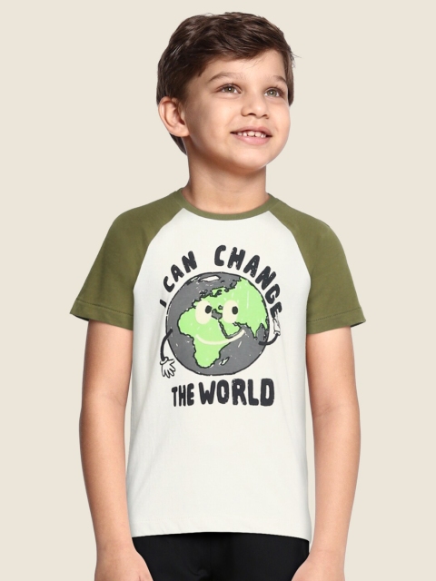 

Marks & Spencer Boys White & Olive Green Typography Print Cotton Round Neck T-shirt