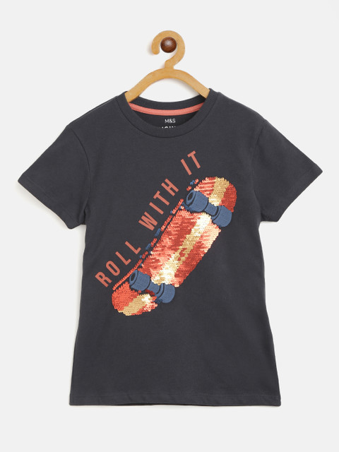 

Marks & Spencer Boys Charcoal Grey & Rust Orange Cotton Flip Sequinned Sustainable T-shirt