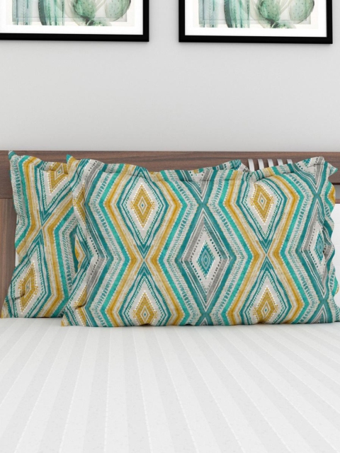 

Home Centre Set Of 2 Turquoise Blue & Yellow Printed Cotton Rectangular Pillow Covers