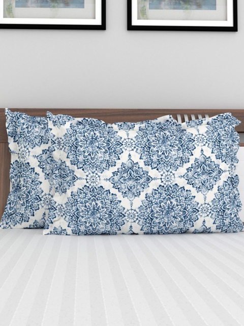 

Home Centre Set Of 2 White & Blue Printed Cotton Pillow Covers