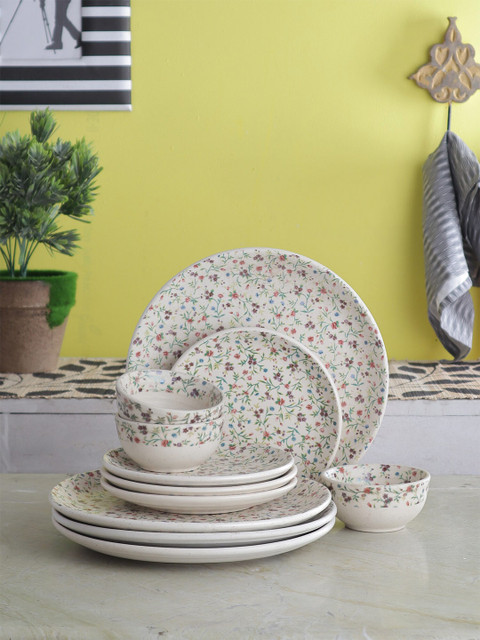 

MIAH Decor Cream-Coloured & Green 12 Pieces Handcrafted & Hand Painted Dinner Set