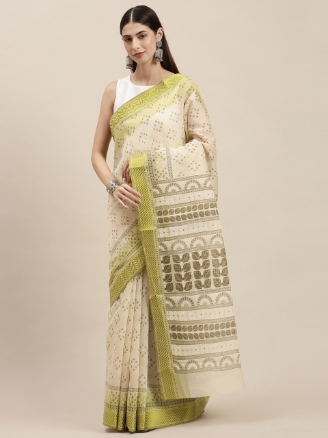 

KALINI Cream-Coloured & Green Cotton Blend Mangalagiri Saree