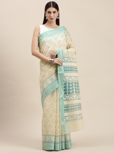 

KALINI Cream-Coloured & Teal Blue Floral Mangalagiri Saree