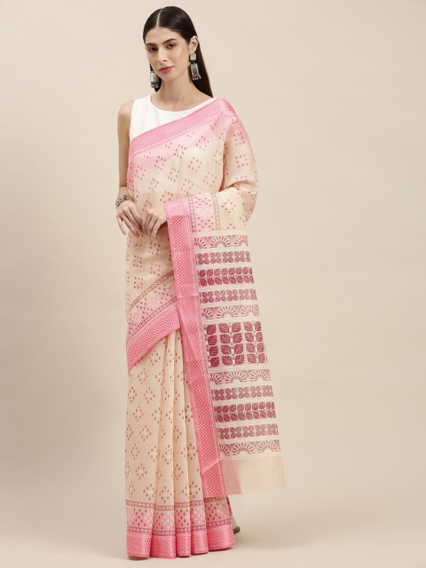 

KALINI Cream-Coloured & Pink Ethnic Motifs Mangalagiri Saree