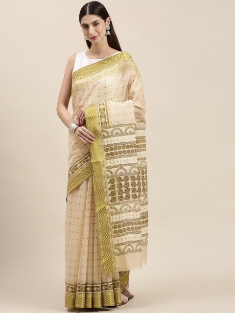 

KALINI Cream-Coloured & Green Ethnic Motifs Mangalagiri Saree