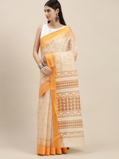 

KALINI Cream-Coloured & Orange Cotton Blend Mangalagiri Saree