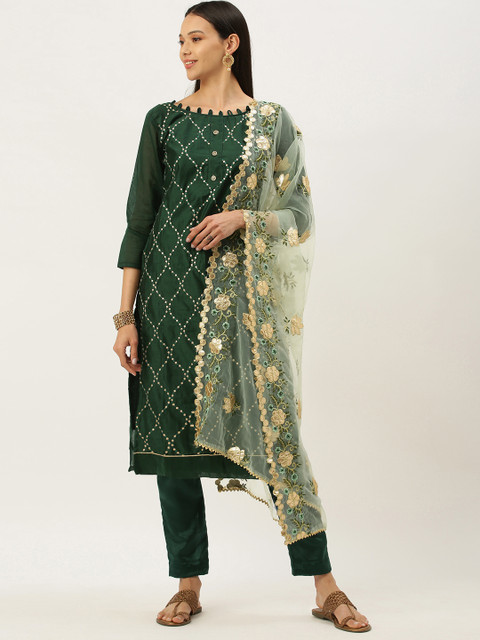 

Mameraa Green & Gold-Toned Embroidered Unstitched Dress Material