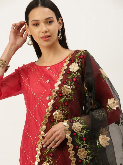 

Mameraa Red & Gold-Toned Embroidered Unstitched Dress Material