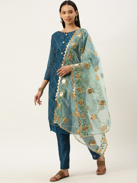 

Mameraa Teal & Gold-Toned Embroidered Unstitched Dress Material