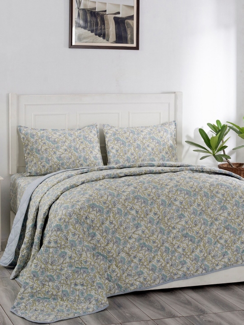 

In-House by maspar Blue & White Floral Summer 110 GSM Bedding Set with Pillow Covers