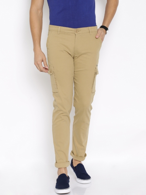 

American Swan Men Beige Solid Slim Fit Cargo Trousers