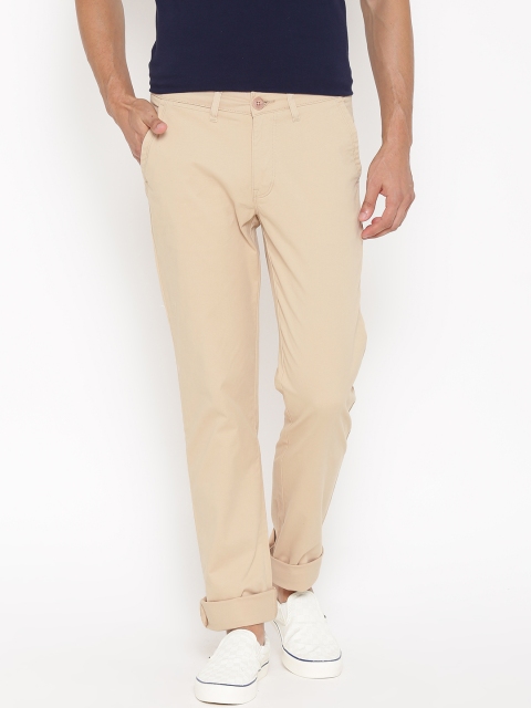 

American Swan Men Beige Solid Slim Fit Flat-Front Trousers
