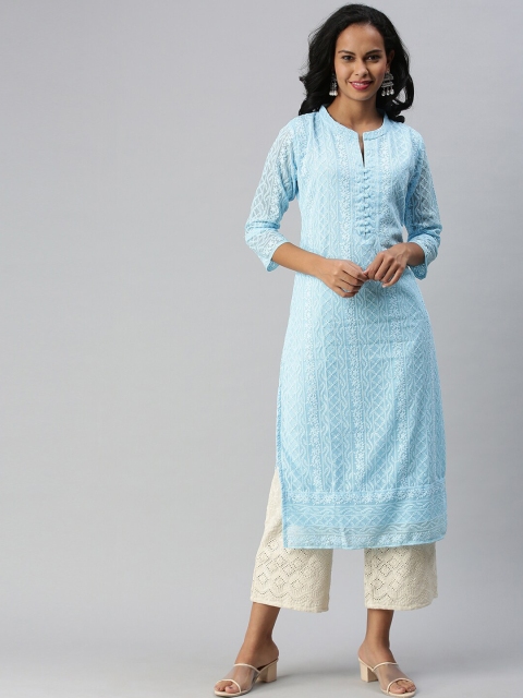 

Soch Women Blue Embroidered Mandarin Collar A-line Kurta