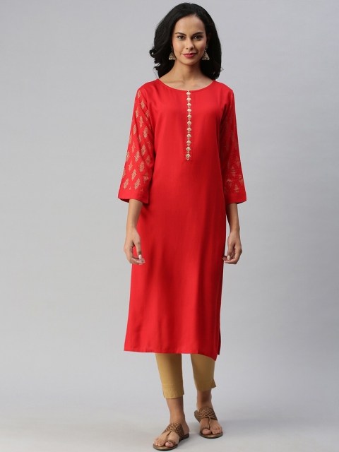 

Soch Women Red & Gold Coloured Ethnic Motifs Foil Printed Pure Cotton Kurta