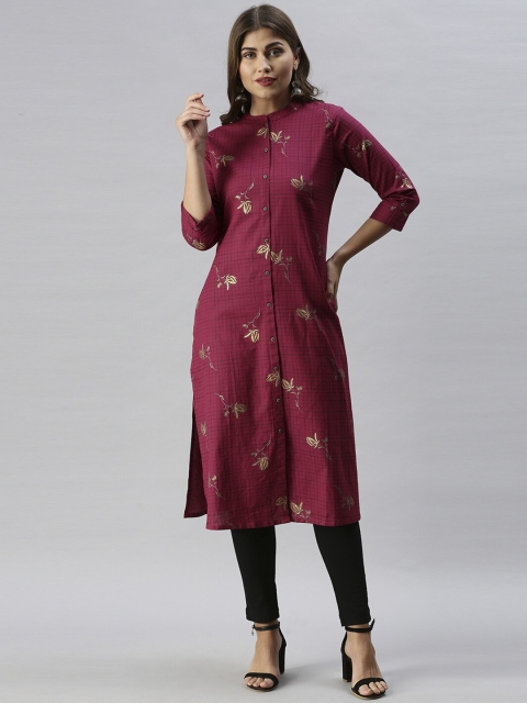 

Soch Women Maroon Checked & Floral Printed Straight Kurta