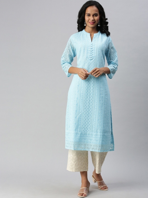 

Soch Women Blue Ethnic Motifs Embroidered Thread Work Georgette Kurta